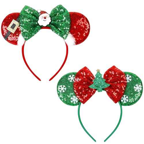 WOVOWOVO Christmas Mouse Ears Headbands for Women Girls, Bow Decoration Hairbands Red Sequin and White Snowflake Headband Party Cosplay Hair Accessories Costume, 2 Pack