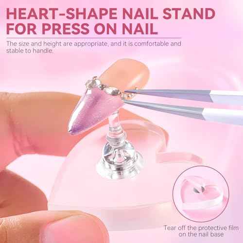 Nail Stand for Press On Nails Art Display Practice 2 Sets, 1 Heart Shaped Acrylic Magnetic Nail Stands, Fake Nail Holder Tips With 200 PCS Double-Sided Tape, Nail Kit Home DIY Salon Supplies
