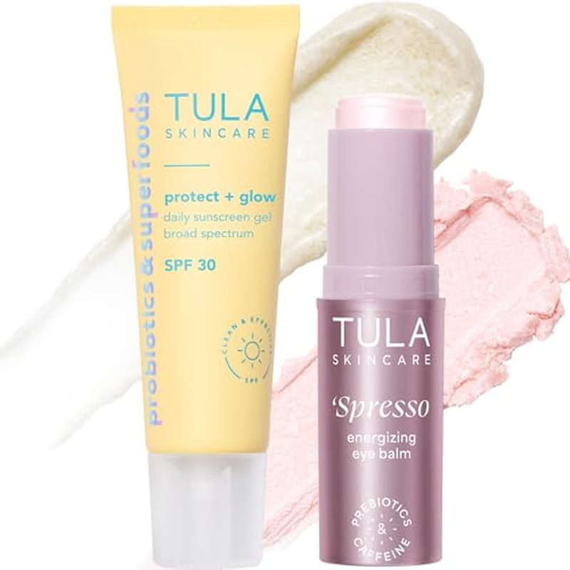 TULA Skin Care Pink 'Spresso Energizing Eye Balm & Protect + Glow Sunscreen Set | 2-Piece, 0.35 oz & 3.7 oz