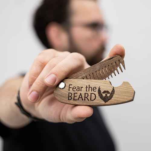Beard Comb Gifts for Him Wooden Comb for Men Folding Pocket for Moustache Hair Walnut Combs Husband with the Engraving (Fear The Beard)