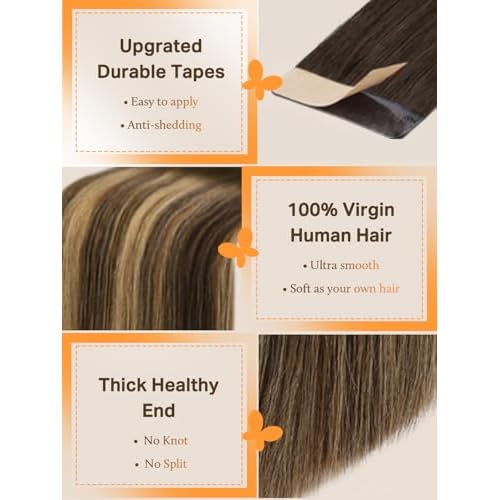 DOORES Human Hair Extensions Tape in Balayage Chocolate Brown to Caramel Blonde 18 Inch Natural Tape in Hair Extensions Seamless Straight Real Remy 50g 20pcs