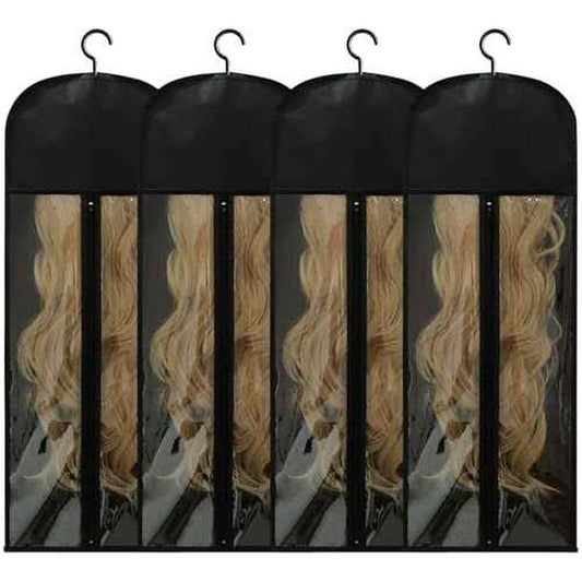 Jonley 4Pcs Extra Long Wig Storage Bags with Hanger, Wig Storage for Multiple Wigs, Wig Bag with Hook Storage, Breathable and Easy Carry Home Hair Salon Travel Use (Black 31.5in)