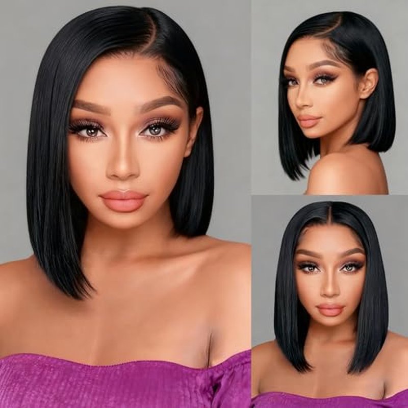 Bob Wig Human Hair 13x4 Lace Front Wigs Human Hair Pre Plucked 14 Inch Straight HD Lace Frontal Short Glueless Wigs for Women with Baby Hair 180% Density Natural Black Color