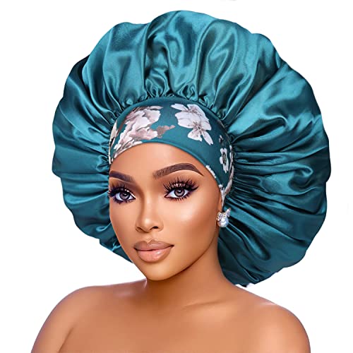 Silk Satin Bonnet Hair Cap: 2pcs 17inch Diameter Extra Large Jumbo Sleeping Satin Bonnets with Comfortable Flower Band - High Density Bonnets for Women Braids Curly Night Cap (Purple & Teal)