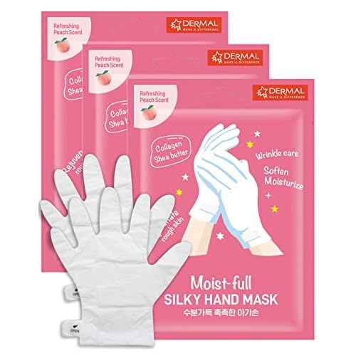 DERMAL Moistfull Silky Hand Mask Gloves 3 Pairs for Dry Hands - Intensive Repairing with Collagen and Shea Butter - Nourishing & Moisturizing Renew Hand Mask - Refreshing Peach Scent
