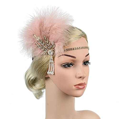 STIOEDYUAN 20s Flapper Feather Headband Art Decor Gatsby Rhinestone Leaf Medallion imitation Pearl Headpiece Hair Accessories