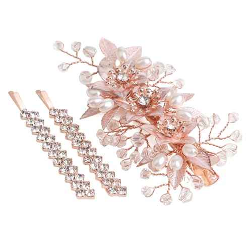 Wedding Hair Clips Set of 3 PCS - Floral Rhinestone Pearl Hair Accessories for Bridal Women (Rose Gold)