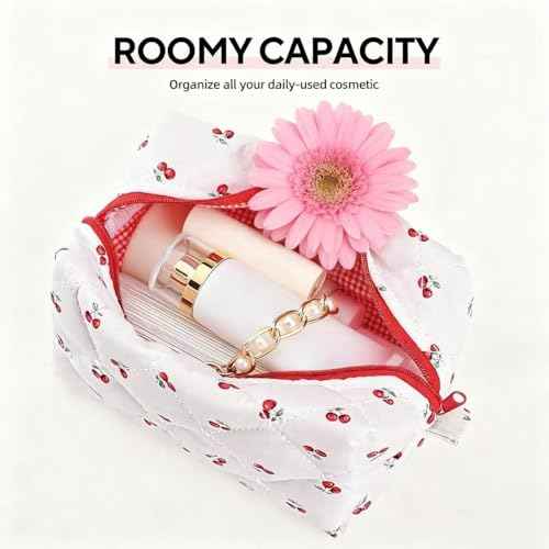 Floral Makeup Bag,Floral Quilted Makeup Pouch,Large Cosmetic Bag,Fashionable Travel Makeup Pouch, Cute Cherry Make up Bag,Puffy Coquette Makeup Bag, Attractive Quilted Make up Bag