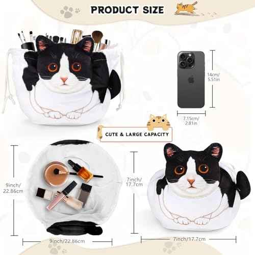Drawstring Makeup Bag, Cat Makeup Bag, Travel Makeup Organizer, Cosmetic Pouch Bag, Cat Gift for Women, Lay Flat Makeup Bag Gifts for Cat Lovers