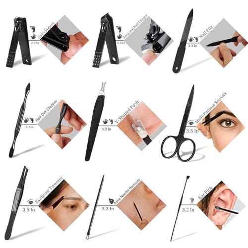 Manicure Set 9 in 1 Stainless Steel, Nail Clippers Scissors Pedicure Tools Kit - Portable Travel Grooming Kit for Men and Women with Black/Blue Leather Case (Blue)