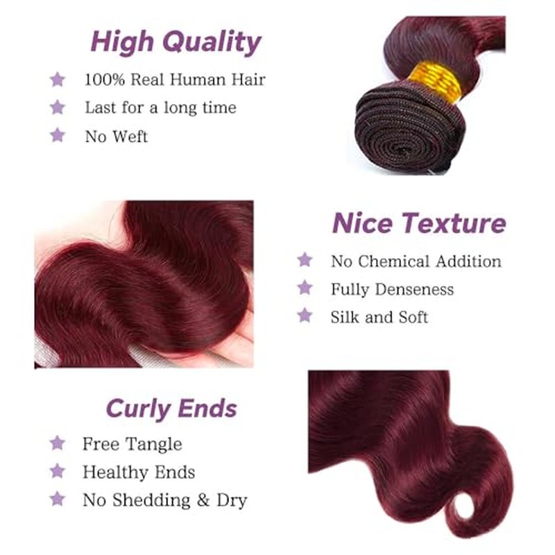 99J Burgundy Human Hair Bundles Body Wave 26 Inch 12A Wine Red Double Weft Brazilian Bundles Human Hair Extensions 1 Pack