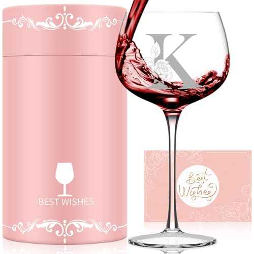 Personalized Gifts for Women, Monogrammed A-Z Wine Glass Customized Gift, Unique Christmas Birthday Gifts for Women Her Mom Friend Sister Wife Daughter Nurse (K)