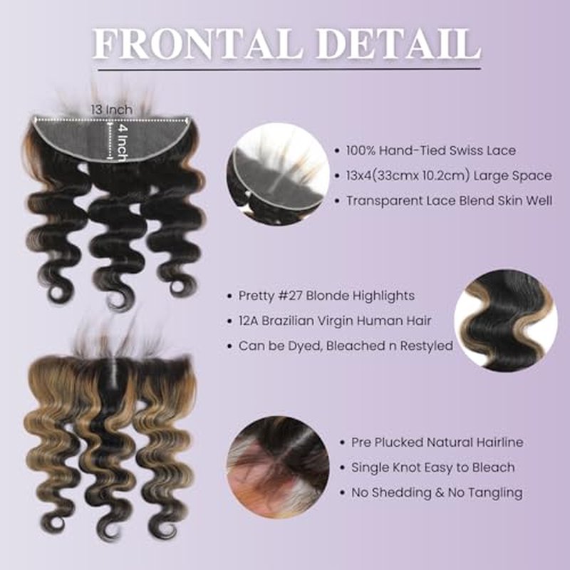 13x4 Honey Blonde Highlight Frontal Closure Only Human Hair Body Wave, 12A Virgin Ombre Skunk Stripe HD Transparent Ear to Ear Lace Frontal Closure Human Hair Pre Plucked (150% Density, 12 Inch)