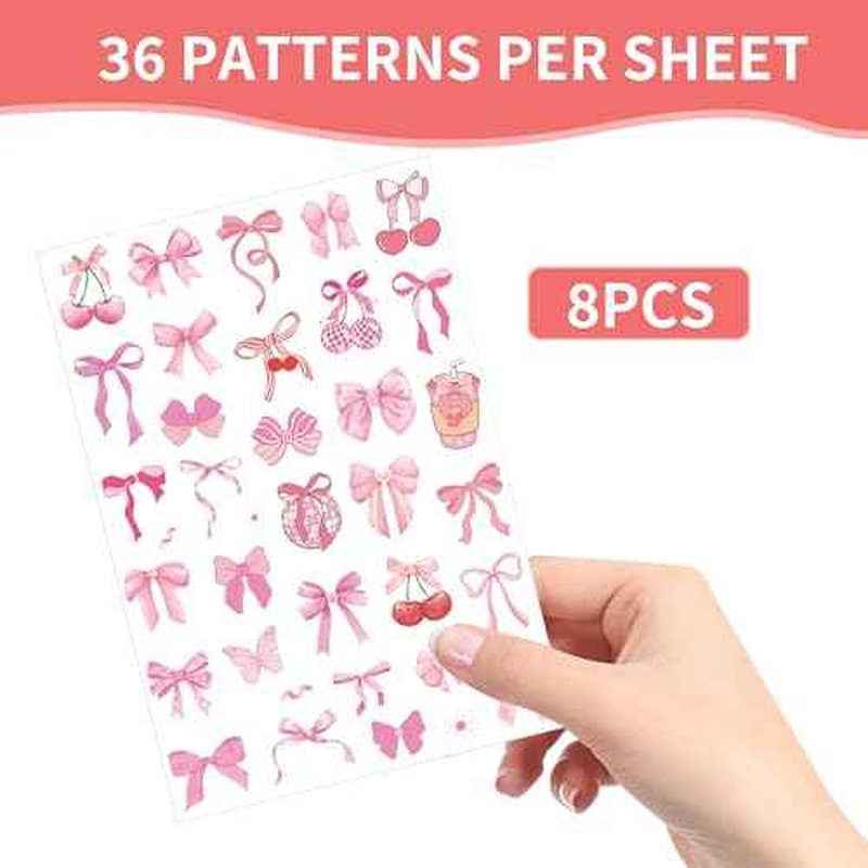 Pink Bow Temporary Tattoos Sticker - 264 Pcs Conquette Birthday Party Favors Party Supplies Decorations, Cherries Disco Ball, Treat Bag Stuffers for Girls Women(8 Sheets)