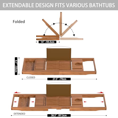 Premium Teak Bathtub Tray Caddy, Expandable Wooden Bath Tray for Tub,Luxury Bathroom Accessories,Great House Warming, Anniversary & Wedding and Birthday Gifts