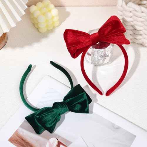 DEEKA Velvet Bow Headband 2 PCS Hair Band Hair Bows with bow Velvet Christmas Hair Accessories for Toddlers Women and Girls (Green,Red)