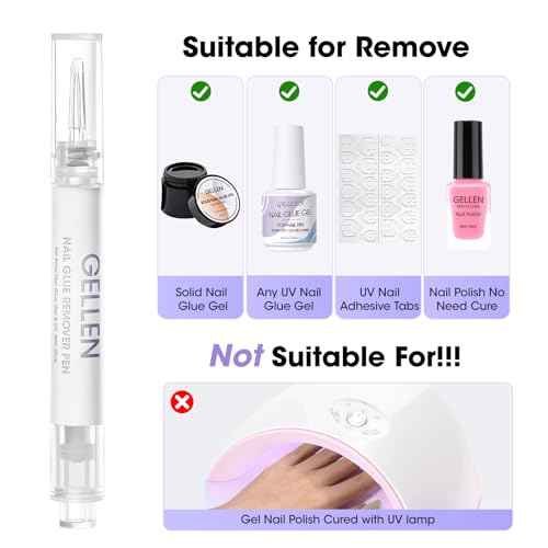 Gellen Nail Glue Remover, 2 Pcs Upgraded Glue Remover Pen for Press on Nails, Non Acetone Press on Removal, 10s Quick Remove for Nail Tips Fake Nails Solid Glue Gel