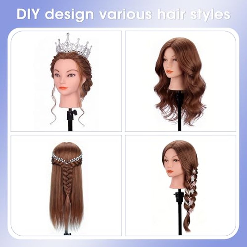 Mannequin Head with 100% Human Hair, TopDirect Real Hair Cosmetology Mannequin Head Hair Styling Hairdressing Practice Training Doll Head with Clamp Holder and Tools (Dark Brown)