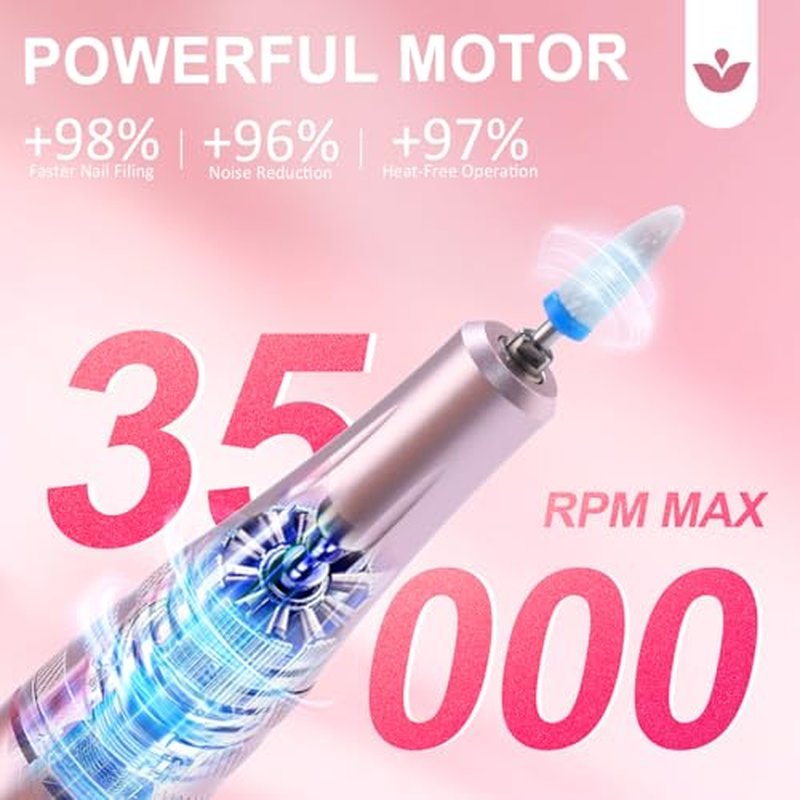 Professional Electric Nail Drill LEDSUUEI: 35000RPM Powerful Electric Nail File Portable Nail Drill with 13 Drill Bits Rechargeable Efile for Acrylic Gel Nails Removing Manicure Pedicure Salon