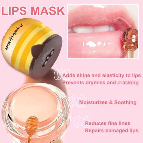 Clouds Cherry Lip Sleeping Mask ? Bee Propolis Moisturizing Lip Balm in Honey Pot ? Exfoliating Overnight Lip Care for Dry and Cracked Lips ? Hydrating Natural Lip Scrub