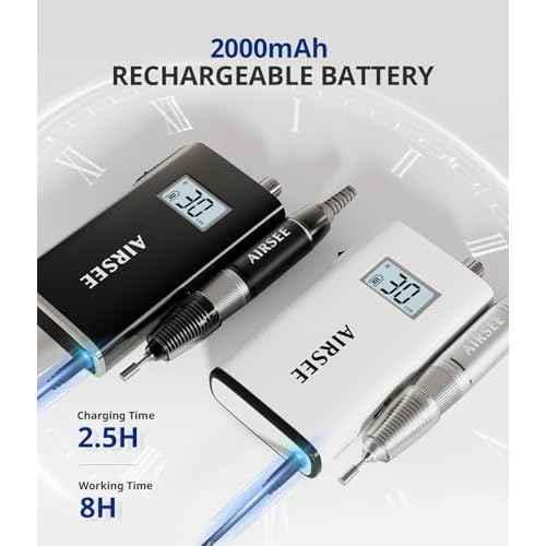 AIRSEE Rechargeable 30000RPM Electric Nail Drill Professional Portable E File Machine for Acrylic Nail Natural Extension Gel Nails Polish Cuticle, Cordless High Speed for Salon Home Use E8 White