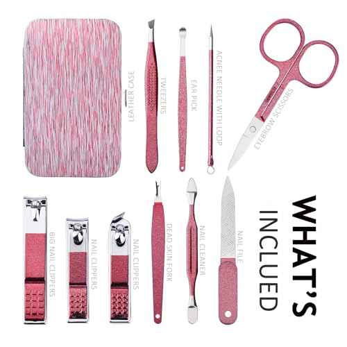 Manicure Set 10 in 1 Stainless Steel, Nail Clippers Scissors Pedicure Tools Kit - Portable Travel Grooming Kit for Men and Women with Leather Case (Rose Red)