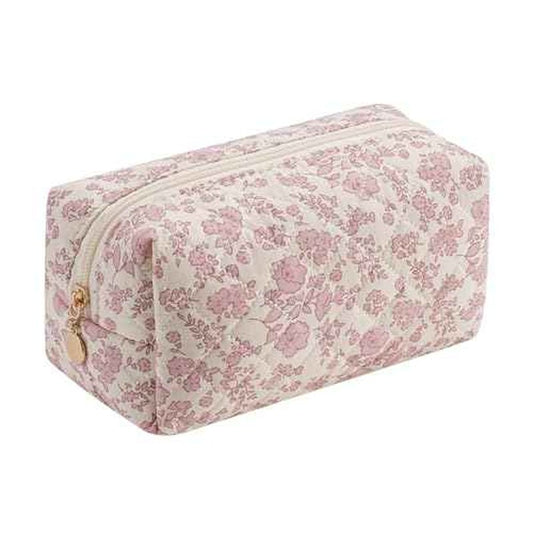 Gleyemor Small Quilted Makeup Bag for Women, Cute Floral Bow Cosmetic Bag, Emergency Bag Travel Toiletry Cotton Pouch Gifts for Girls Her Mom Friend Sister Bridesmaid (Pink Flower)