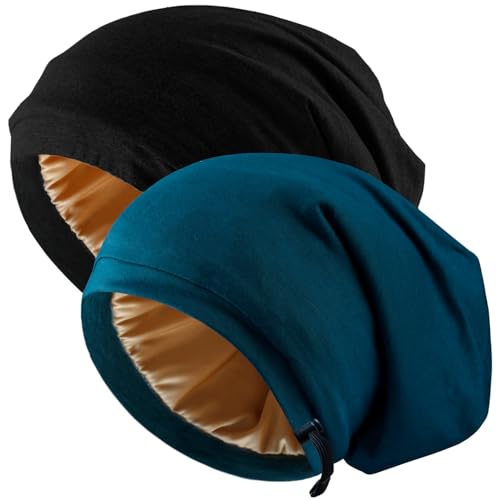2 Pcs Adjustable Silk Satin Night Cap, Women's Men's Sleep Cap, Silk Lined Slouchy with Adjustable Strap, Curly Hair Head Scarf, Night Caps, Black+blue2