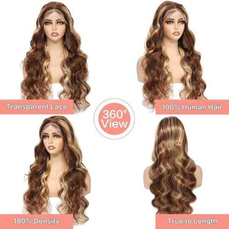 Anderah 13x6 Highlight Ombre Lace Front Wigs Human Hair Honey Blonde Body Wave Lace Front Wigs Human Hair Pre Plucked With Baby Hair 180% Density Body Wave Glueless Human Hair Wigs For Women 30Inch