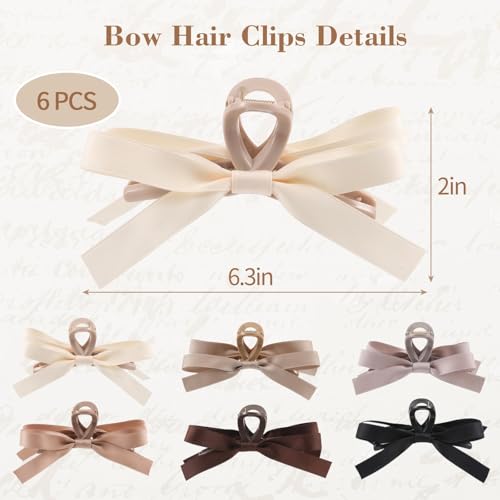 Auseibeely 6 PCS Silky Satin Bow Hair Clips, Non-Slip Clips for Thin and Thick Hair, Bows for Women, Girls, Weddings, and Bridesmaids