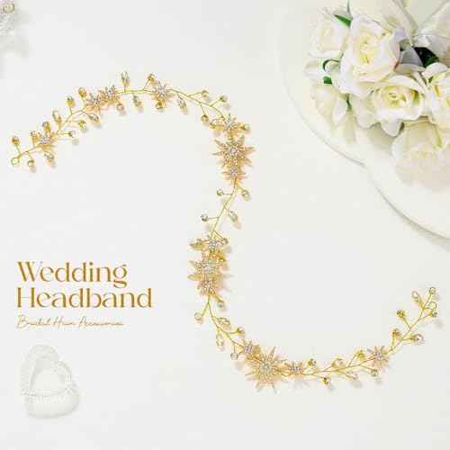 Unicra Star Rhinestone Bride Wedding Vine Gold Bridal Hair Piece Crystal Hair Accessory for Women and Girls (21 Inches) (Gold)