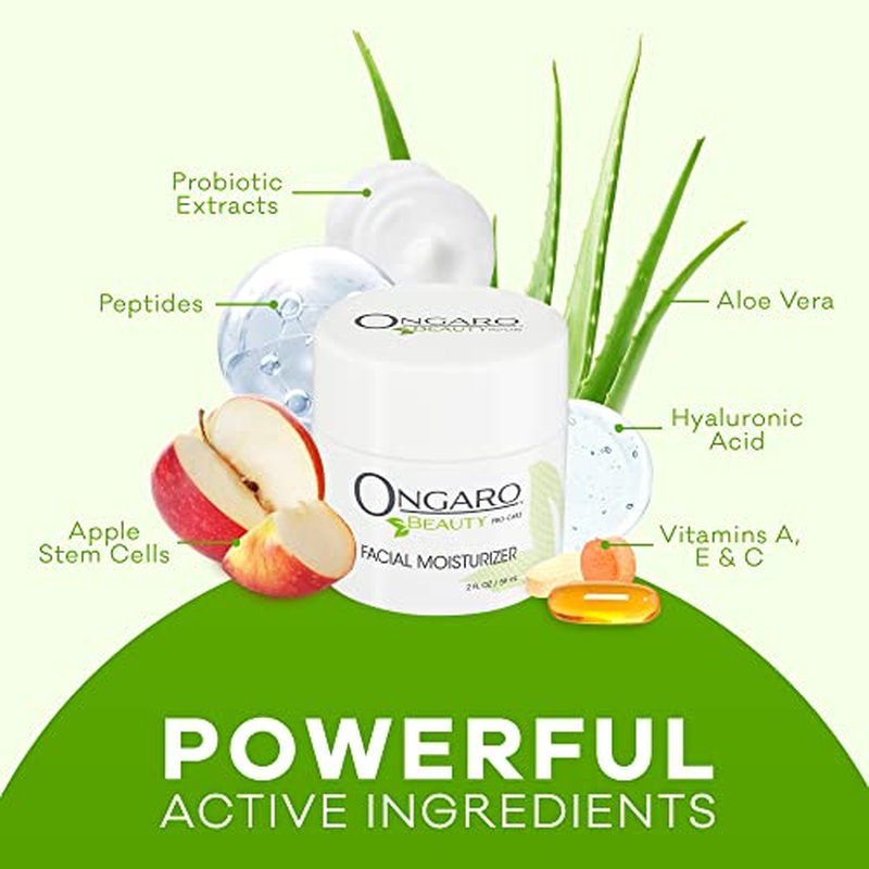 Ongaro Beauty Organic Face Moisturizer - Hydrating Face Cream, Probiotic Moisturizer with Aloe Vera, Vitamin A, C & E - Hyaluronic Acid, Face Lotion for All Skin Types - Nourishes Skin - 2 fl. Oz