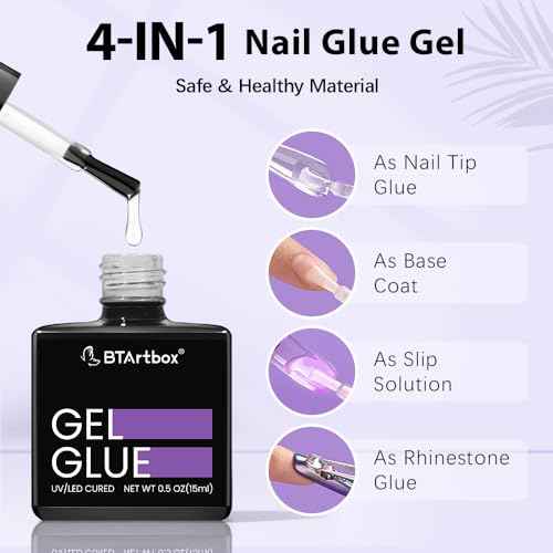BTArtbox Nail Glue & Primer Set - 2 x 0.5 Fl Oz Acrylic French Ballerina Nail Gel, Long Lasting Super Strong 4 in 1 UV Nail Gel for Press On Nails