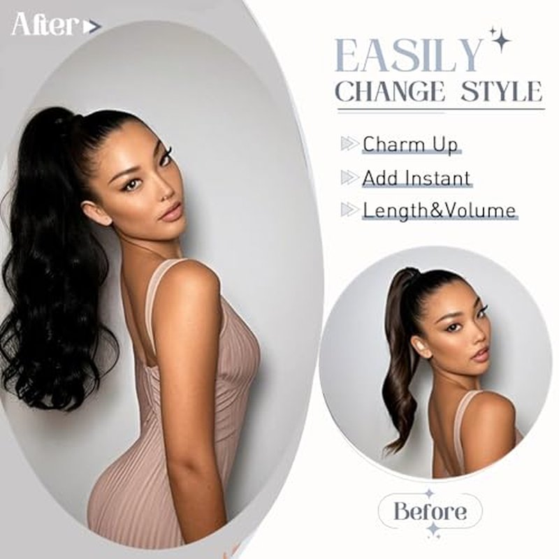 Rich Choices Ponytail Extension 100% Real Human Hair Wrap Around Remy Ponytail Extension for Women One Piece Clip In Long Pony tail Extensions Straight 18 Inch #2 Dark Brown