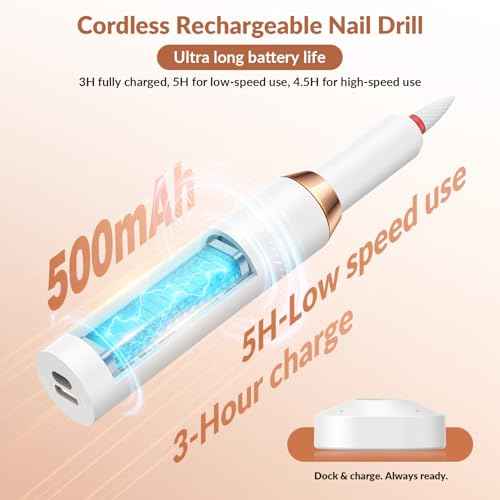 Portable Electric Nail Drill Professional - 30000RPM Cordless Electric Nail File, Manicure Pedicure Kit for Acrylic Nails & Gel Polish Removal, Rechargeable with 12 Drill Bits for Salon and Home