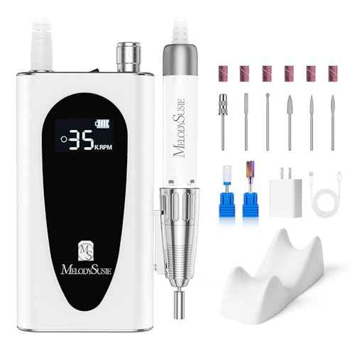MelodySusie Waist-Mounted Professional Nail Drill MM400C White, 35,000RPM Portable Electric Nail File, Low Noise & Low Heat Coreless Motor Machine with 8 Pcs Nail Drill Bits, for Salon & Home Use