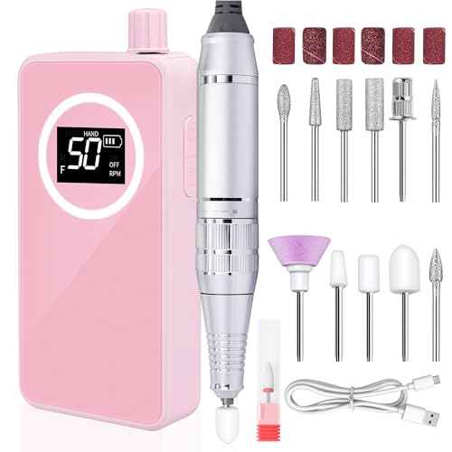 Nail Drill, Portable Electric Nail File 50000RPM, Rechargeable Nail Drill Professional with Bits for Acrylic Gel Nails, E-File Machine Manicure Polishing for Salon Home,Pink
