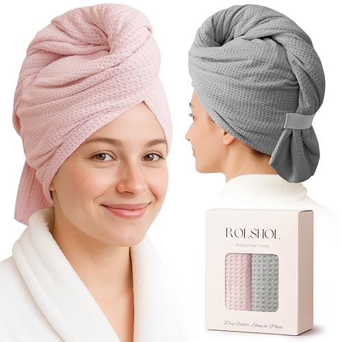 2 Pack Microfiber Hair Towel Wrap for Women, 32" x 11" Waffle Weave Hair Plopping Towel for Curly, Long & Thick Hair, Anti-Frizz Hair Turbans for Wet Hair (Pink, Grey)