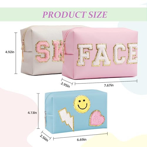 GEMLORD 3 Pieces Preppy Patch Makeup Bag, Small Chenille Letter Cosmetic Bag, PU Leather Waterproof Zipper Skin Care Toiletry Bags for Teen Girls, Portable Preppy Gift for Women(White, Blue, Pink)