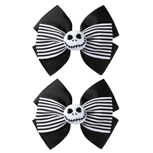 2Pcs Ghost Skull Hair Bows Black White Striped Ribbon Hair Clip Christmas Halloween Accessories Party Decorations