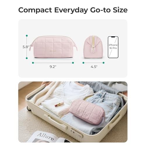 BAGSMART Makeup Bag Travel Toiletry Bag, Puffy Padded Make Up Bags for Women Makeup Organizer Case, Wide-open Pouch Purse Travel Essentials Toiletries Accessories Brushes, Pink