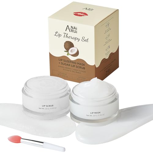 ANAI RUI Coconut Lip Scrub & Lip Mask Set with Shea Butter, Lip Scrubber Exfoliator Enriched with Vitamin E, Sugar Scrub for Dry Lips, Hydrating Lip Mask for Overnight Use, Christmas Gifts for teens
