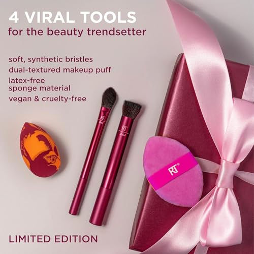Real Techniques Merry Must-Haves Holiday Gift Set, 4 Piece Brush & Sponge Set for Foundation, Cheeks & Powder, Stocking Stuffer, Gift for Her, Cruelty-Free & Vegan