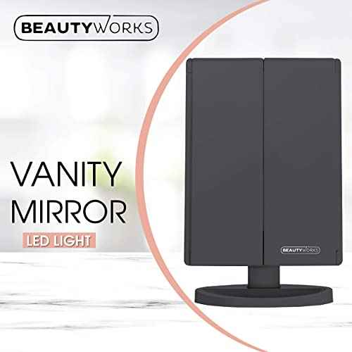 Beautyworks Backlit Makeup Vanity Mirror 36 LED Lights Touch-Screen Light Control, Tri-Fold 1/2/3X Magnification, Portable High-Definition Cosmetic Magnifying Personal Makeup Mirrors (Midnight Black)