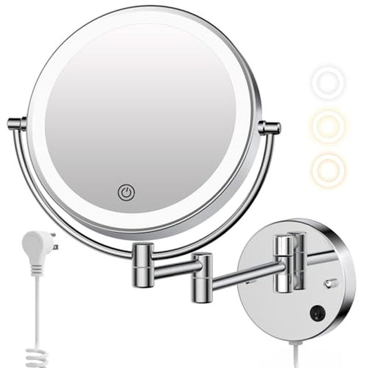 FASCINATE Wall Mounted Makeup Mirror with Lights, Magnifying Mirror 10X/1X Double-Sided, Plug-in Vanity Mirror with 3 Color Lights & Brightness Dimmable, 360¡ÆSwivel Extendable for Grooming & Shaving