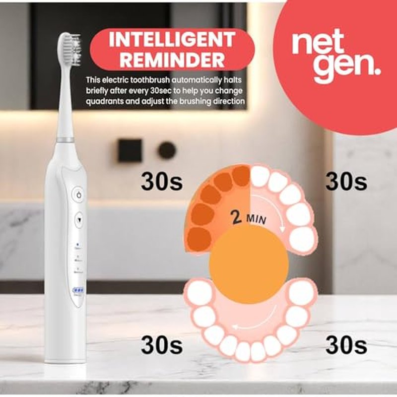 Sonic Electric Toothbrush for Adults with 5 Toothbrush Replacement Heads, 3 Brushing Modes & 2 Minutes Built-in Timer, Travel Toothbrushes with Inductive Charging, Rechargeable toothbrush | White