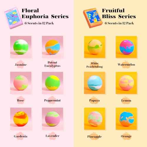 Bath Bombs Gift Se, 24 Pack Bubble Bombs with 12 Unique Scents, Floral & Fruity Collections, Skin-Soothing & Mood-Enhancing, Spa Gifts for Women, Wife, Stress Relief & Relaxation