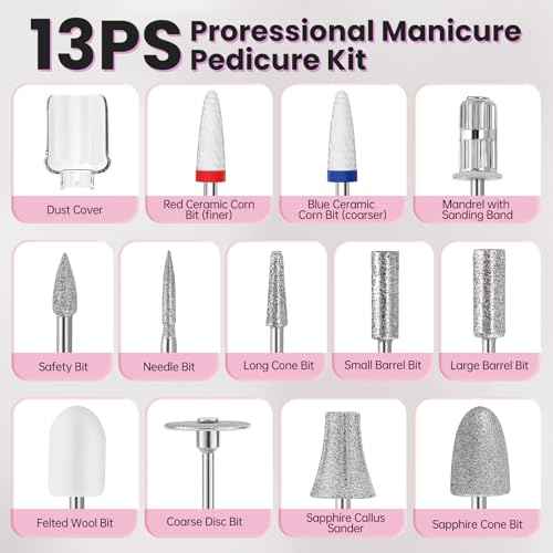 Electric Nail Drill, Cordless 2000 mAh Rechargeable Portable Nail File 12 in 1 Kit for Thick Toenails, 10 Speeds Nail Dril Machine Professional Manicure Pedicure for Hand Natural Nails Care (White)