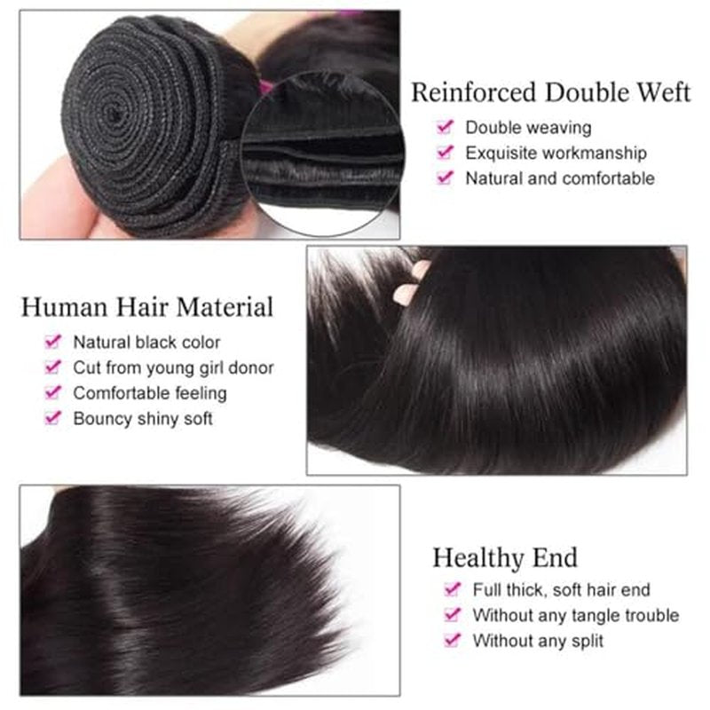 Straight Bundles Human Hair 100% Unprocessed 12A Brazilian Hair 16 18 20 Inch 3 Bundles Human Hair Double Weft Natural Black