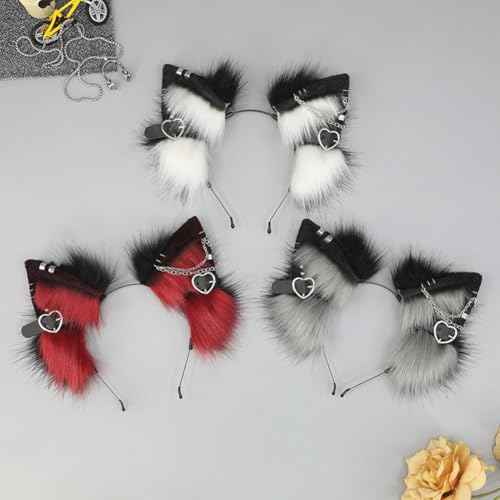 Furry Cat Ears Headband Punk Gothic Heart Clips Animal Ears Hair Hoop for Halloween Cosplay Costume Party